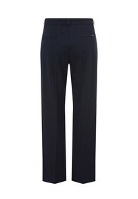 Navyblauwe broek met rechte pijpen, een elastische tailleband, twee zakken aan de voorkant en twee zakken aan de achterkant, gemaakt van een gladde, textuurrijke stof.