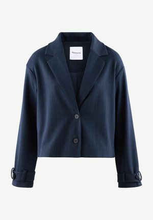 Mørkeblå cropped blazer med stikringer, klapper, to knapper og justerbare opslåede ærmer. Fremstillet af et struktureret stof.