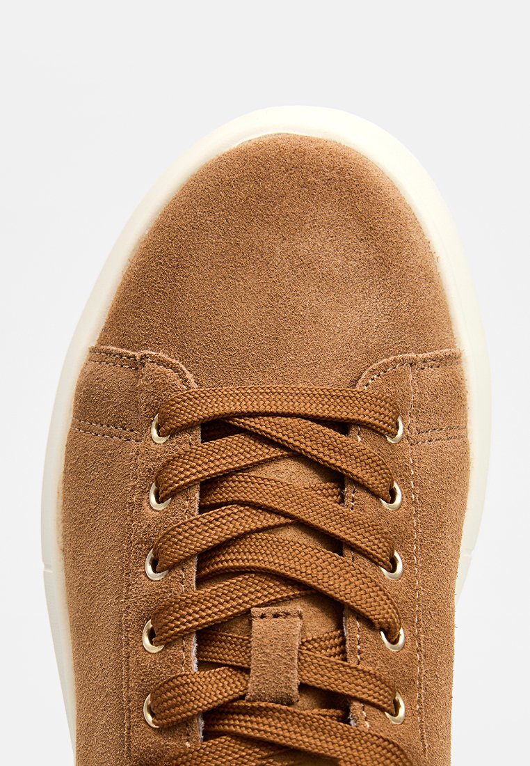 Sneaker in suede marrone con punta rotonda, chiusura a lacci e occhielli dorati. Suola bianca con lieve texture, che mostra una finitura liscia.