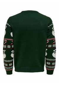 Groen gebreid sweatshirt met feestelijke witte sneeuwpoppatronen en rode accenten op de mouwen, met een geribde kraag en een zachte textuur.