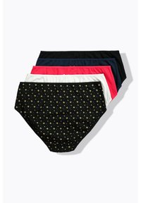 Pakket van vijf slips in verschillende kleuren: zwart met gouden sterren, effen marineblauw, zwart, roze en wit. Zachte stof, klassiek ontwerp, volledige dekking.