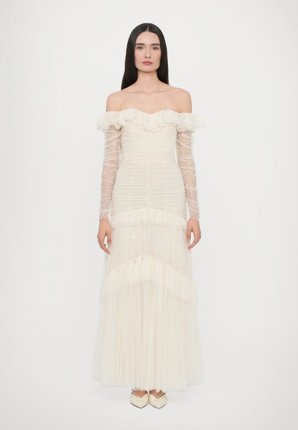 SEQUIN GLIMMER ROUCHED OFF SHOULDER GOWN - Occasion wear - cream