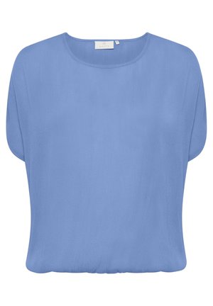 Lichtblauwe blouse met korte mouwen, een ronde hals en een losse pasvorm, gemaakt van gestructureerde stof.