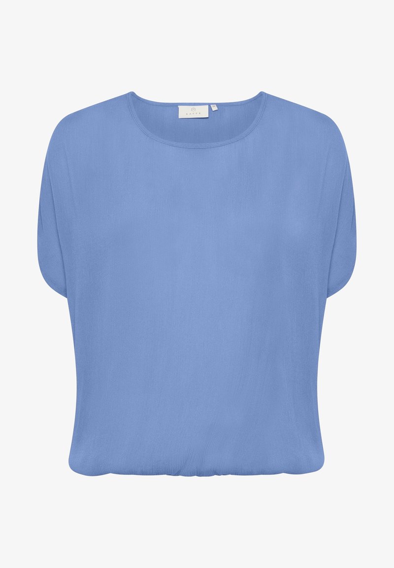 Blouse bleu clair à manches courtes avec un col rond et une coupe ample, en tissu texturé.