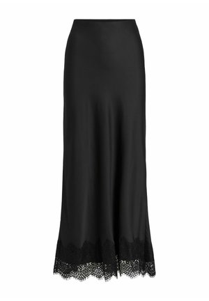 Czarna satynowa spódnica z dopasowanym stanem, zwiewnym krojem i misterną koronkową lamówką na dole, z motywami kwiatowymi w koronce.