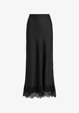 Sort satin nederdel med en tætsiddende talje, flydende design og indviklet blonderkant ved kanten med blomsterprint i blonderne.