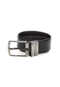 Cintura in pelle nera con una fibbia rettangolare in metallo argentato, caratterizzata da una texture liscia e un design classico.