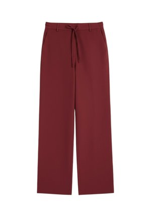 Pantaloni color bordeaux a gamba larga con tasche frontali, passanti per cintura e chiusura con laccio in vita, mostrati distesi su uno sfondo bianco.