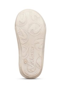 Suola di scarpa in gomma bianca con superficie texturizzata, caratterizzata da un motivo di loghi circolari e il nome del marchio "Naturino" in rilievo.