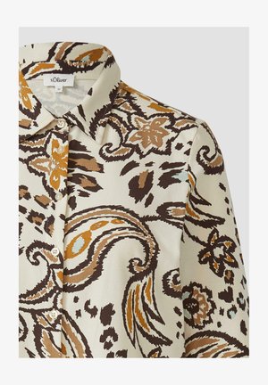 Długo rękawowa bluzka w kolorze kremowym z brązowym i musztardowym wzorem kwiatowym w stylu paisley, zapinana z przodu na guziki, z kołnierzykiem wskazującym.