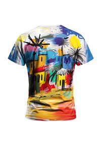 Kurzarm-T-Shirt mit einem lebendigen abstrakten Design, das bunte Palmen, Häuser und eine Sonne auf weißem Hintergrund zeigt.