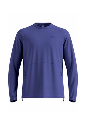 Purple long-sleeve top with a round neckline, featuring a front pocket, elastic cuffs, and no visible seams for a smooth appearance.