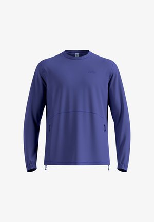 Purple long-sleeve top with a round neckline, featuring a front pocket, elastic cuffs, and no visible seams for a smooth appearance.