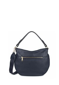 Borsa in pelle blu navy con design curvo, tracolla removibile e tasca frontale con zip caratterizzata da dettagli in metallo dorato.