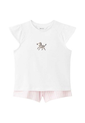 White short-sleeve toddler shirt with a small zebra graphic on the chest paired with light pink and white striped shorts.