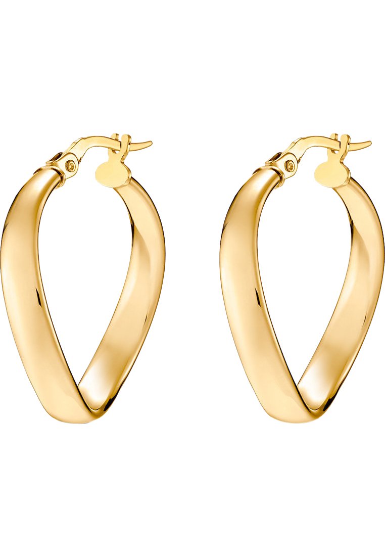 Gold-tone hoop earrings with a teardrop shape, smooth surface, hinge closure, and a polished finish. Measures approximately 3 cm in length.
