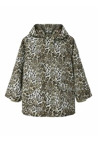 Jacka med leopardmönster och huva, i en blandning av olivgrön och tan-färger. Två framfickor och en avslappnad passform.