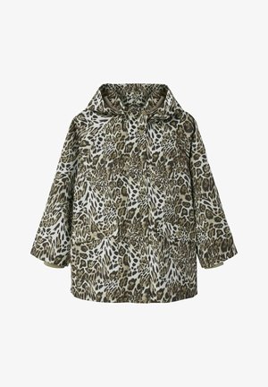 Chaqueta con estampado de leopardo y capucha, que presenta una mezcla de tonos verde oliva y marrón claro. Dos bolsillos frontales y un diseño de corte relajado.