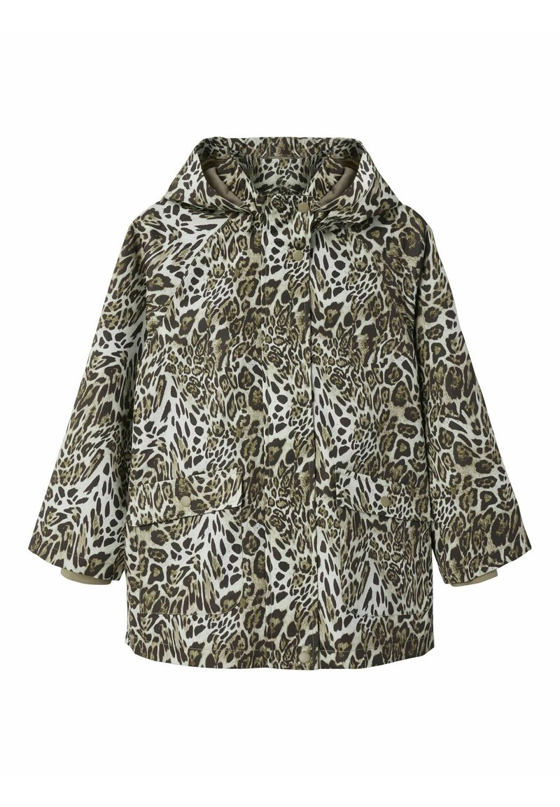 Jacka med leopardmönster och huva, i en blandning av olivgrön och tan-färger. Två framfickor och en avslappnad passform.