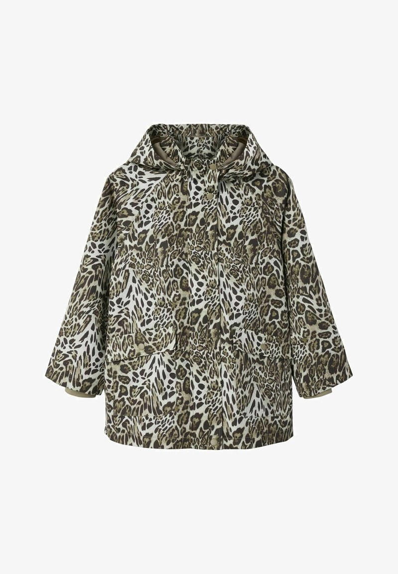 Leopard-patterned jacket with a hood, featuring a mix of olive green and tan shades. Two front pockets and a relaxed fit design.