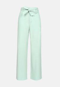 Light mint-green wide-leg pants made from a soft, textured fabric. Features a high waist with a tied bow detail.
