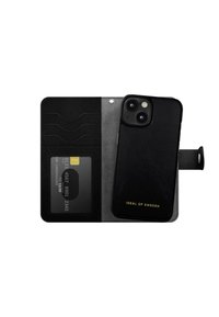 Funda de teléfono de cuero negro tipo billetera con compartimentos para tarjetas, una ventana transparente para el DNI y un logo dorado. Textura suave con un diseño minimalista.