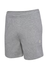 Gray knit fabric shorts with elastic waistband and small white chevron logo on the right thigh.