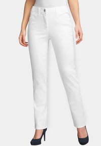 Witte spijkerbroek met een rechte pijp, voorzien van voorzakken, een knoopsluiting en subtiele stikdetails. Geschikt voor casual outfits.