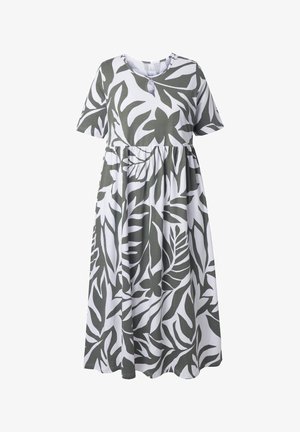 Abito a maniche corte, lungo fino alle caviglie, con stampa di grandi foglie tropicali grigie e bianche e dettaglio di vita arricciata.