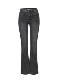 Jeans neri svasati con vita alta, due tasche anteriori e tessuto testurizzato. I dettagli di cucitura lungo le cuciture conferiscono definizione.