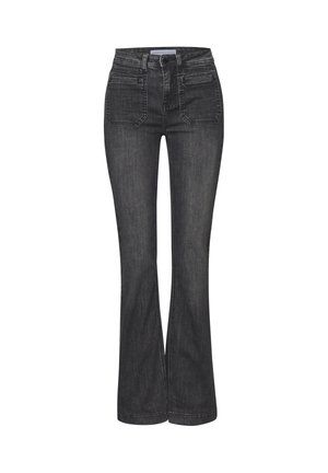 Jean en denim noir évasé avec une taille haute, deux poches avant et un tissu texturé. Les détails de couture le long des coutures ajoutent de la définition.