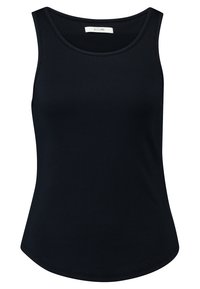 Black ribbed tank top with a scoop neckline and curved hem. Made from a stretchy fabric, featuring a seamless design for comfort.