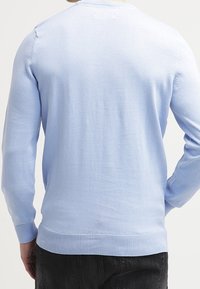 Uomo che indossa un maglione a maniche lunghe azzurro chiaro e pantaloni neri, visto da dietro su uno sfondo uniforme.