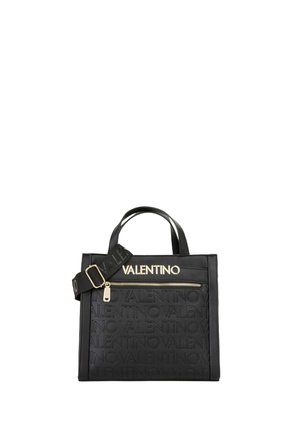 Sac fourre-tout Valentino noir avec motif logo embossé, poche zippée dorée et bandoulière réglable avec texte de logo.
