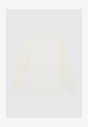 Bílá mikina s dlouhými rukávy a kulatým výstřihem. Měkká, strukturovaná tkanina s žebrovanými manžetami a lemem. Bez viditelných log nebo vzorů.