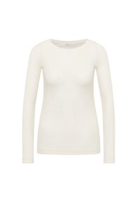 Cremfarbene langärmlige Rippstrickoberteil mit Rundhalsausschnitt, schmaler Passform und subtiler Textur, präsentiert auf einem weißen Hintergrund.