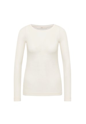 Cream-colored long-sleeve ribbed knit top with round neckline, slim fit, and subtle texture, displayed on a white background.