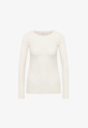 Cream-colored long-sleeve ribbed knit top with round neckline, slim fit, and subtle texture, displayed on a white background.