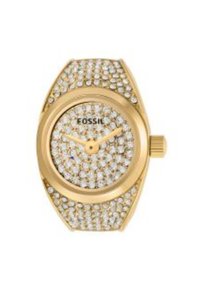 Goldfarbene Uhr mit rundem Gehäuse, das mit klaren Kristallen besetzt ist. Weißes Zifferblatt mit goldenen Zeigern und "FOSSIL"-Logo. Strukturiertes Armband.