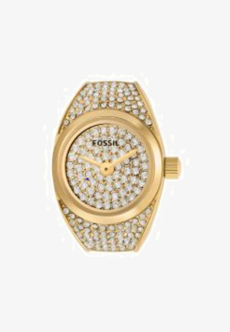 Goldfarbene Uhr mit rundem Gehäuse, das mit klaren Kristallen besetzt ist. Weißes Zifferblatt mit goldenen Zeigern und "FOSSIL"-Logo. Strukturiertes Armband.