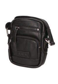 Borsa a tracolla nera in pelle di forma rettangolare, con tasca frontale con zip, logo in rilievo e tracolla regolabile. Texture liscia.