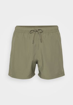 Khaki svømmebukser laget av lett stoff, med elastisk midje og snøring, samt et enkelt, u dekorert design.