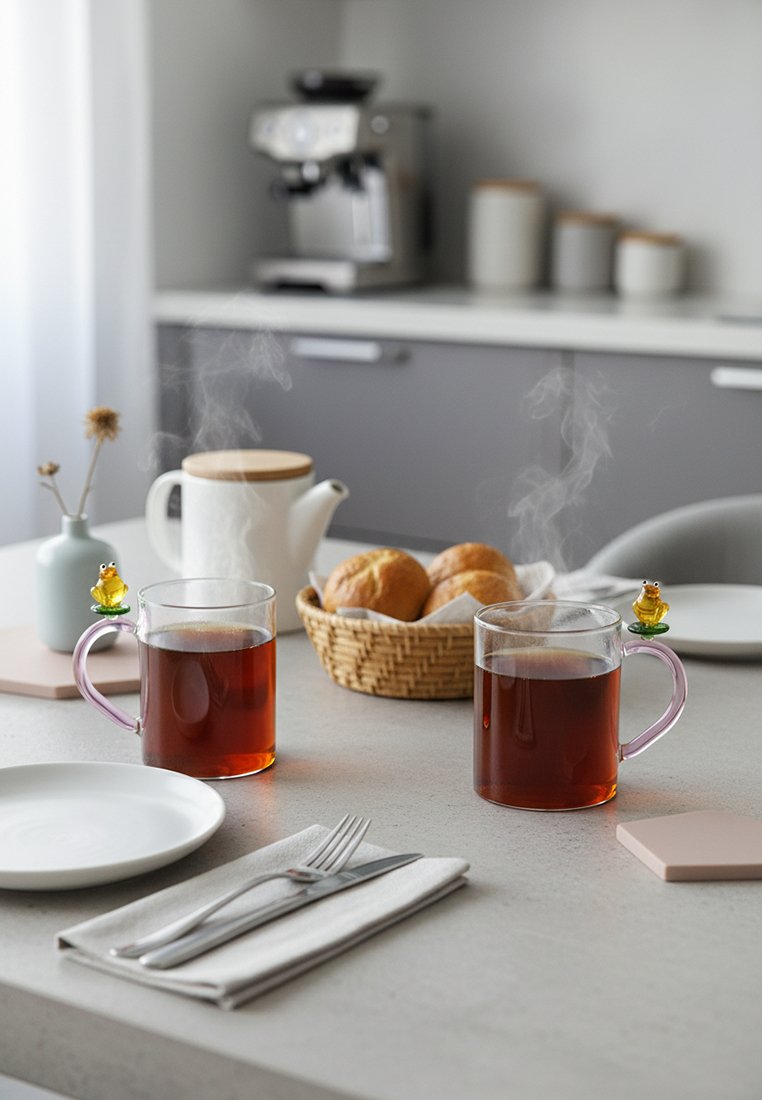Dwa parujące szklane kubki herbaty z uchwytami w kształcie żab, biały imbryk i koszyk z bułkami na kuchennym blacie.