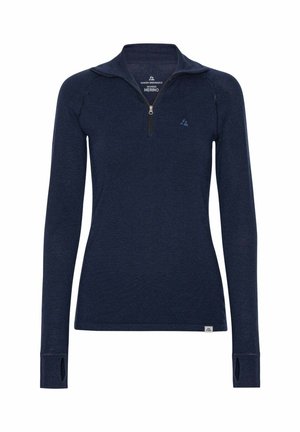 Marineblå langærmet kvart-zip trøje lavet af merinould, med tommelhuller, et lille logo på brystet og en glat stofstruktur.