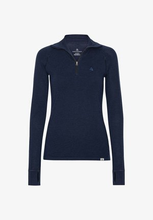 Marineblaues, langärmeliges Quarter-Zip-Oberteil aus Merinowolle, mit Daumenöffnungen, einem kleinen Logo auf der Brust und einer glatten Stoffoberfläche.