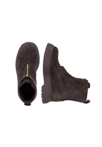 Bottes cheville en daim gris foncé avec une fermeture éclair latérale et une semelle en caoutchouc épaisse. Dotées d'une boucle à l’arrière pour un enfilage facile.