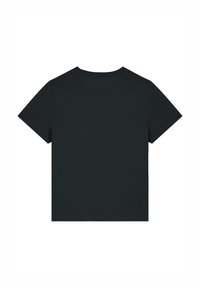 Schwarzes T-Shirt mit kurzen Ärmeln, runder Ausschnitt und einer glatten, weichen Textur. Einfaches Design, schlichter Rückansicht.