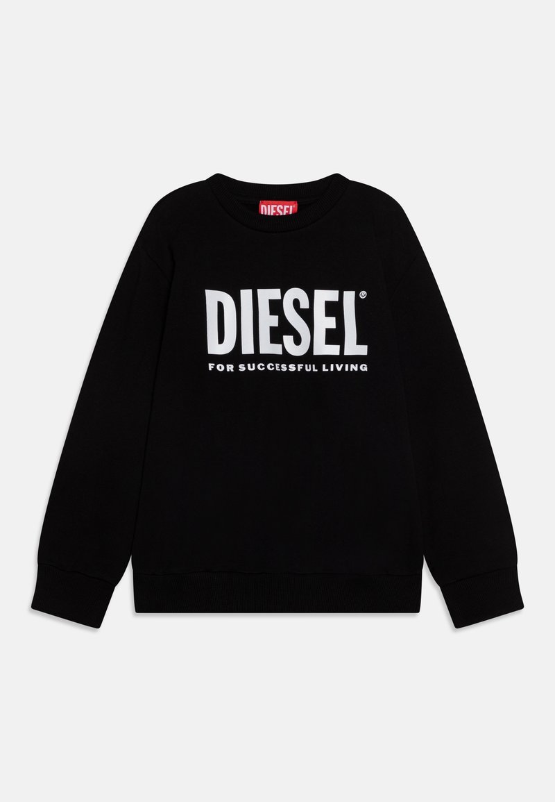 Sweatshirt noir à manches longues avec le texte blanc "DIESEL POUR UNE VIE RÉUSSIE" imprimé sur le devant et une étiquette rouge Diesel sur le col.