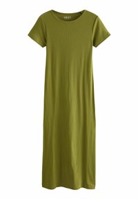 Olijfgroen, kortemouwen, ronde hals midi-jurk met een rechte silhouet, gemaakt van ribbelstof.
