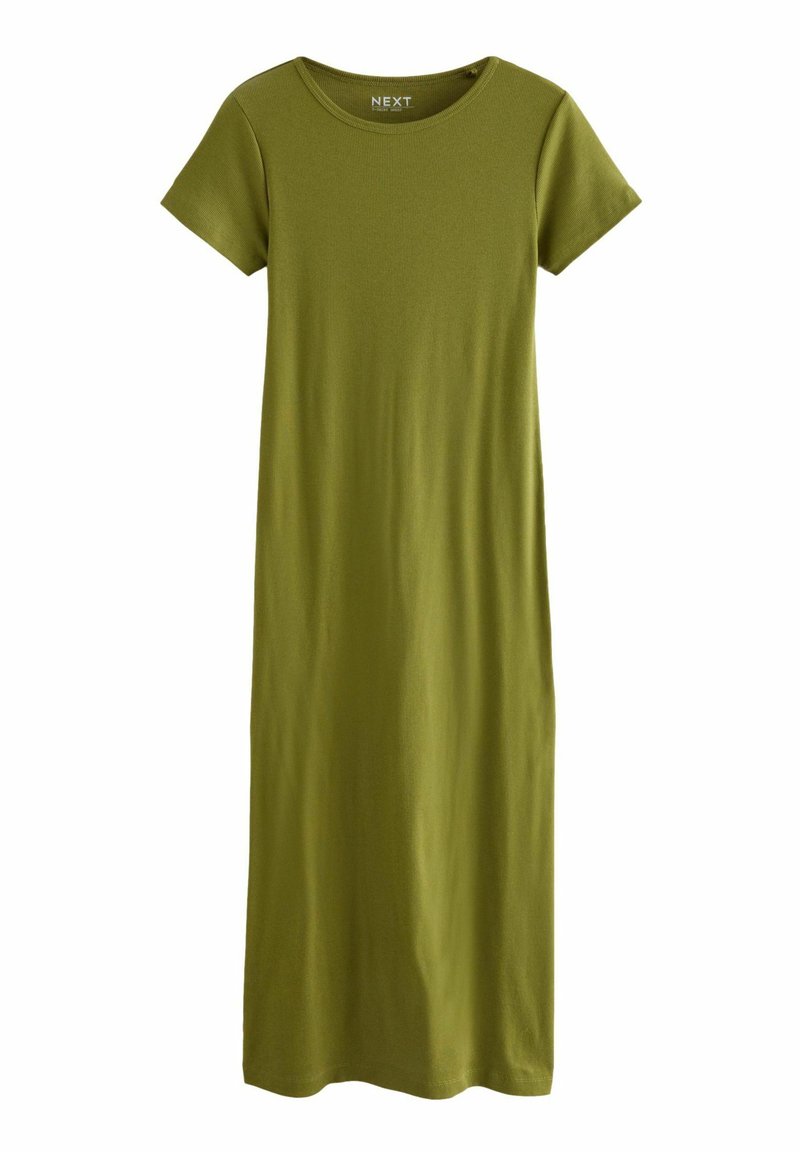 Olivgrünes, kurzärmeliges Midi-Kleid mit Rundhalsausschnitt und gerader Silhouette, aus Rippstoff gefertigt.